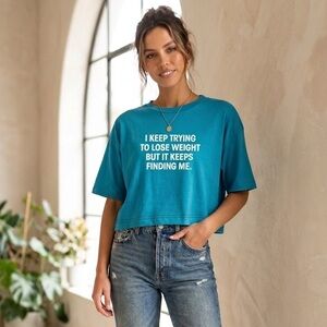 VTG Sunbelt Sarcastic Graphic Crop Top • Teal Blue Single Stitch Irony Core M